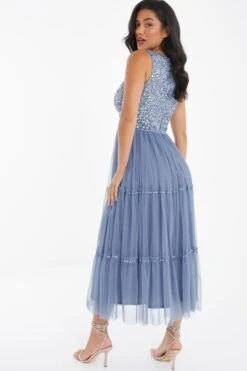 Blue Sequin Tulle Midi Dress -Glamourista 00100036641 XB