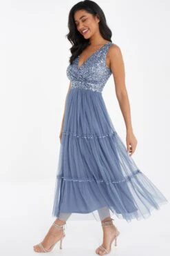 Blue Sequin Tulle Midi Dress -Glamourista 00100036641 XS