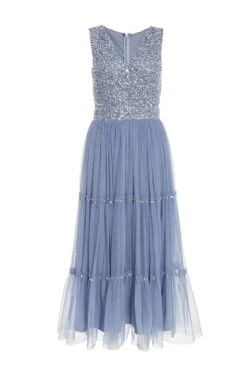 Blue Sequin Tulle Midi Dress