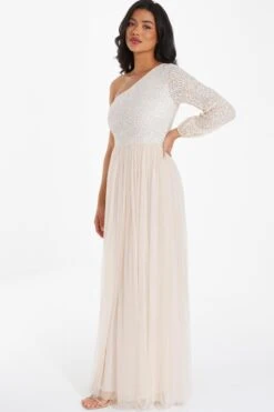 Champagne Sequin One Shoulder Maxi Dress -Glamourista 00100036643 XS