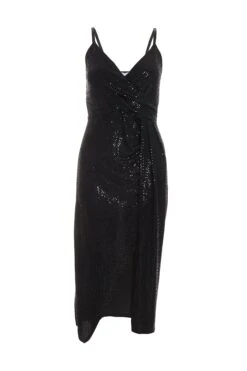 Black Sequin Wrap Midi Dress