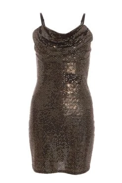 Gold Sequin Cowl Neck Mini Dress