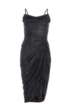 Black Glitter Cowl Neck Ruched Midi Dress