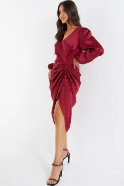 Berry Satin Long Sleeve Ruched Midi Dress -Glamourista 00100036676 XS