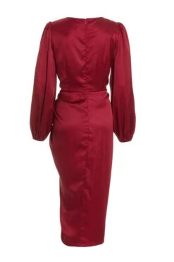 Berry Satin Long Sleeve Ruched Midi Dress -Glamourista 00100036676 ZB