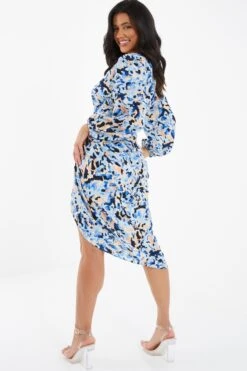 Blue Smudge Print Ruched Midi Dress -Glamourista 00100036685 XB