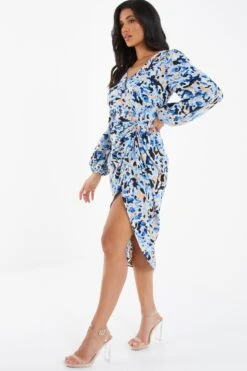 Blue Smudge Print Ruched Midi Dress -Glamourista 00100036685 XS