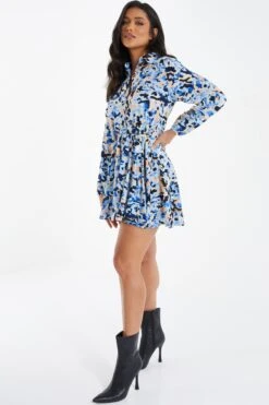 Blue Smudge Print Mini Shirt Dress -Glamourista 00100036686 XS
