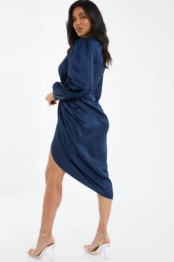 Navy Satin Ruched Midi Dress -Glamourista 00100036687 XB