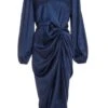 Navy Satin Ruched Midi Dress