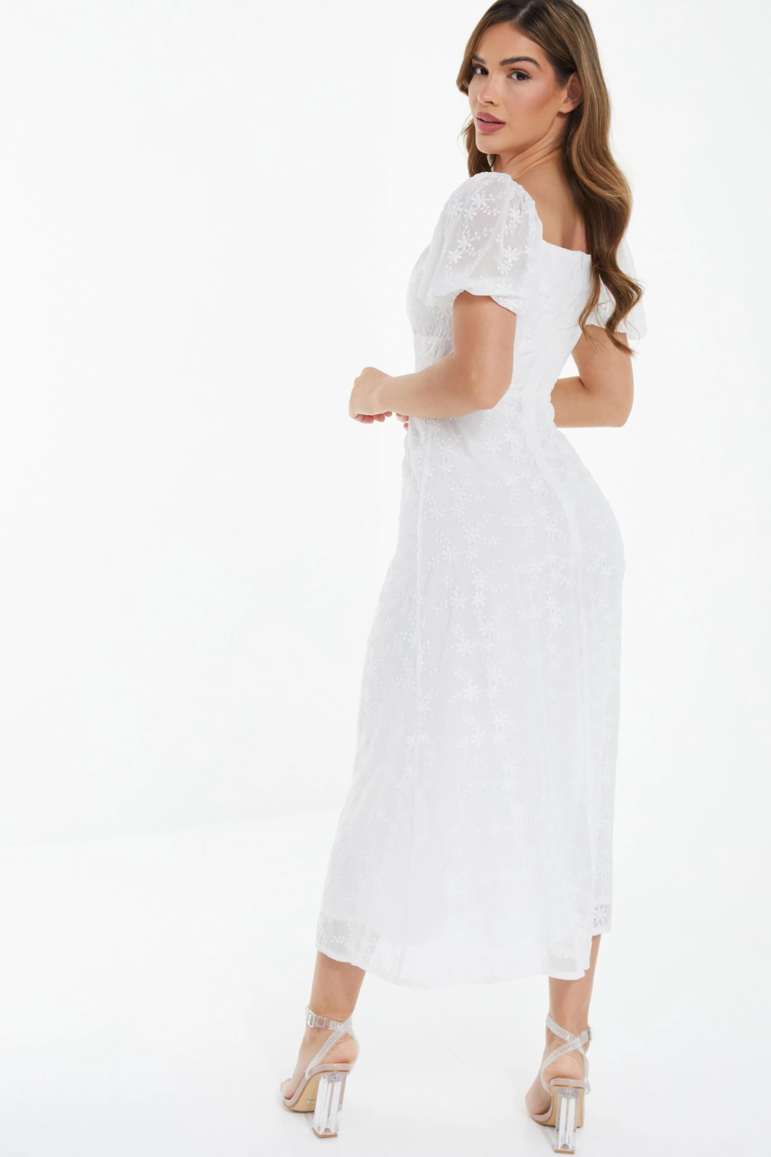 White Chiffon Floral Embroidered Midi Dress 3 White Chiffon Floral Embroidered Midi Dress - Image 3