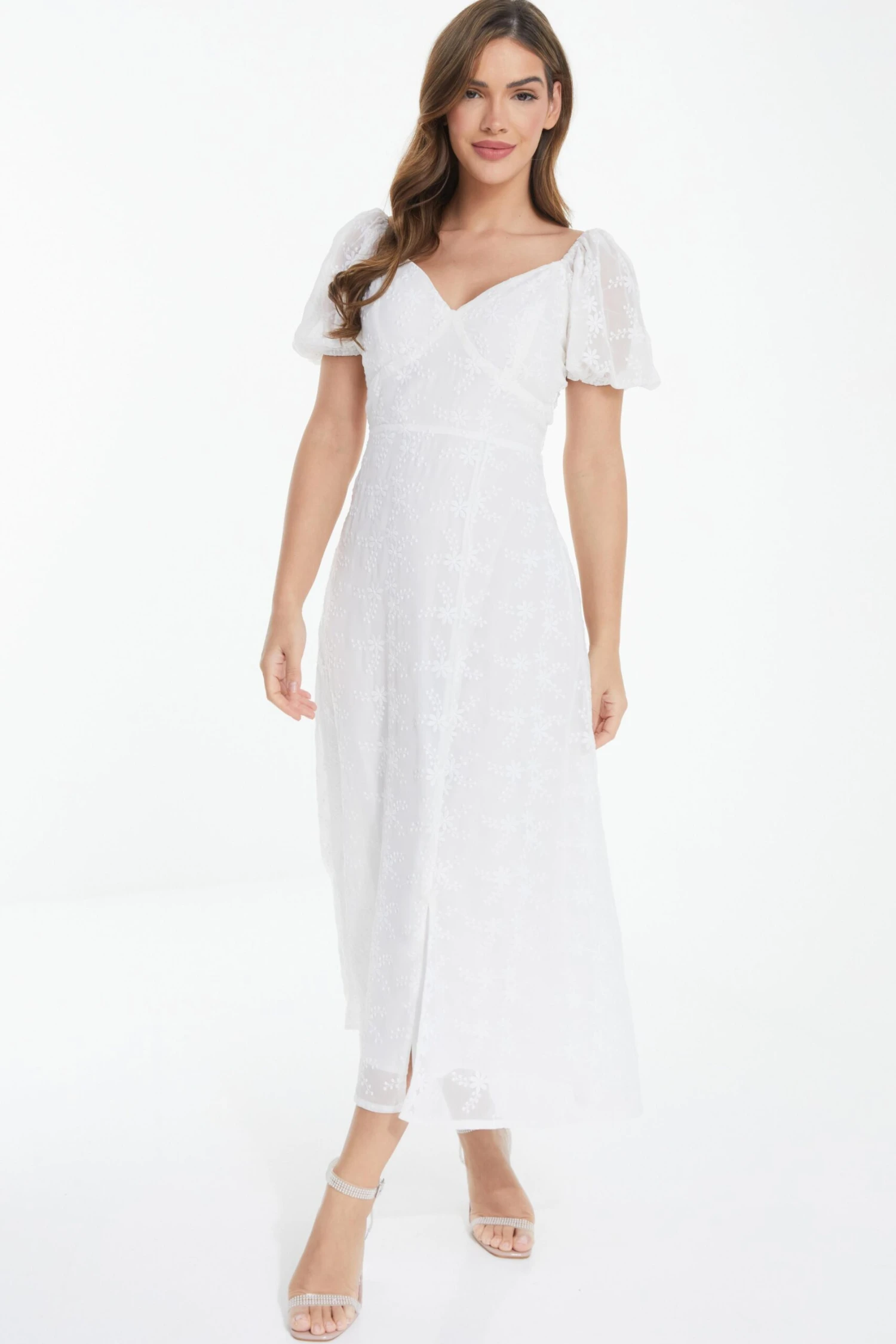 White Chiffon Floral Embroidered Midi Dress 2 White Chiffon Floral Embroidered Midi Dress - Image 2