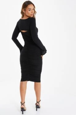 Black Knot Ruched Bodycon Midi Dress -Glamourista 00100036800 XB