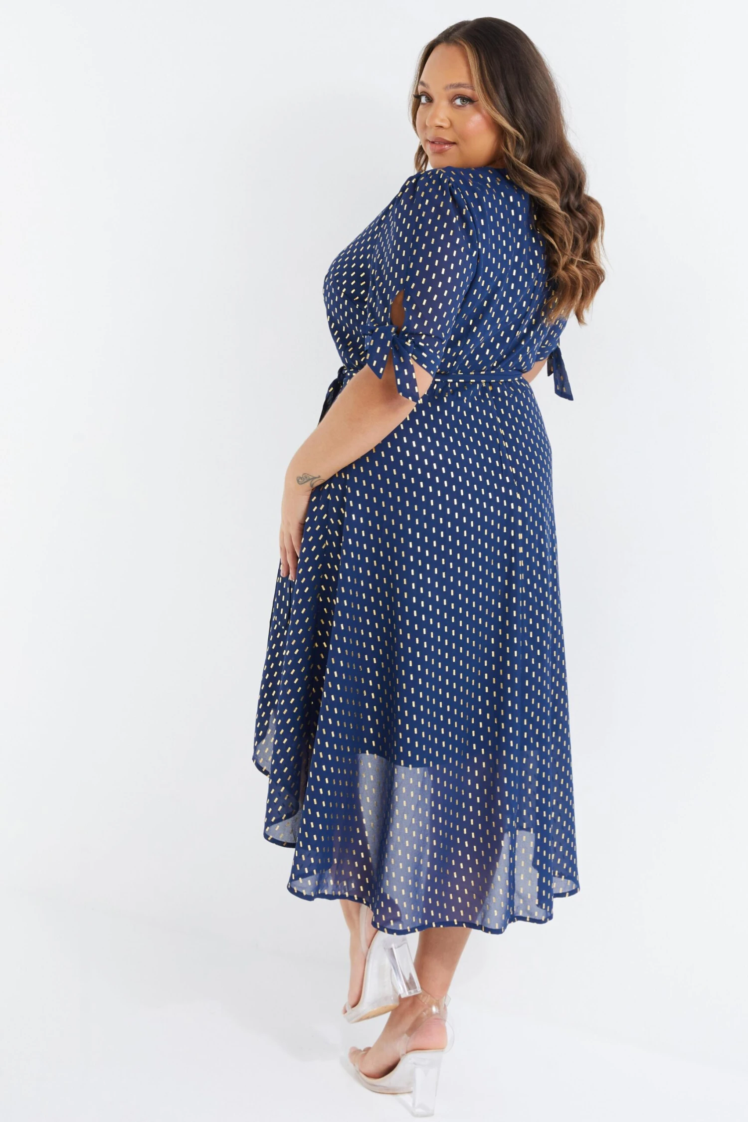 Curve Navy Chiffon Metallic Wrap Dress 3 Curve Navy Chiffon Metallic Wrap Dress - Image 3