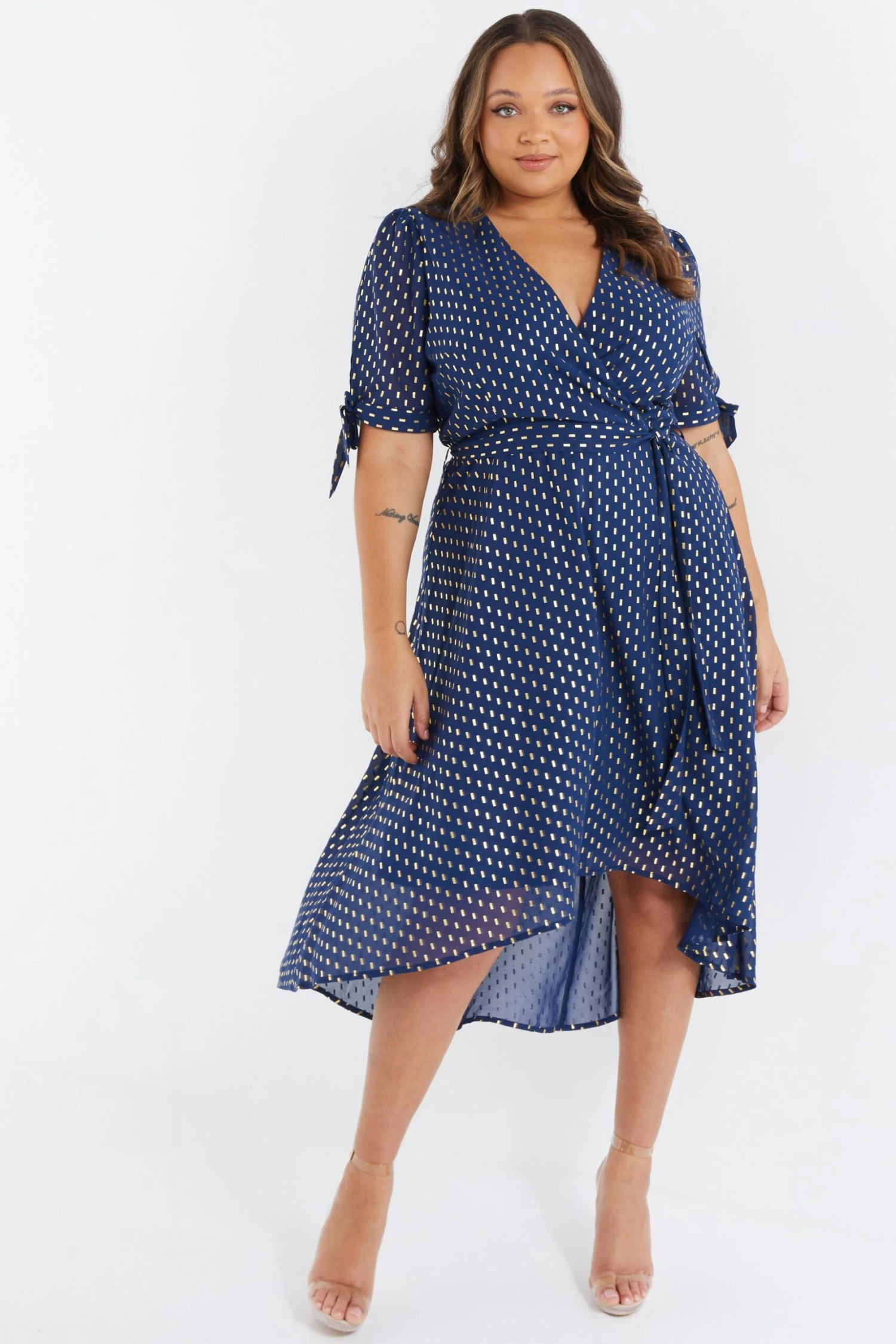 Curve Navy Chiffon Metallic Wrap Dress 2 Curve Navy Chiffon Metallic Wrap Dress - Image 2