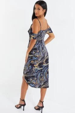 Petite Gold Marble Print Cold Shoulder Midi Dress -Glamourista 00100036808 XB