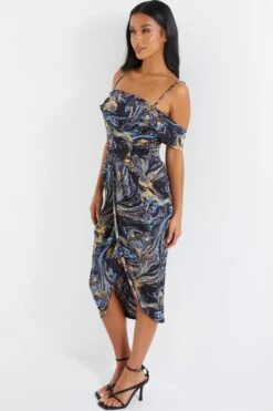 Petite Gold Marble Print Cold Shoulder Midi Dress -Glamourista 00100036808 XS