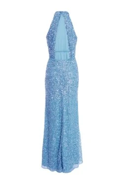Blue Sequin Halter Neck Fishtail Maxi Dress -Glamourista 00100036823 ZB