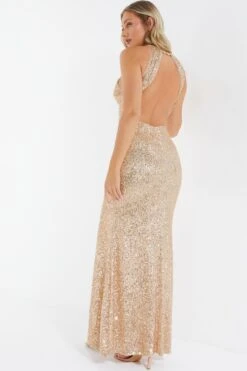Rose Gold Sequin Halter Neck Fishtail Maxi Dress 8 Rose Gold Sequin Halter Neck Fishtail Maxi Dress -Glamourista 00100036824 XB