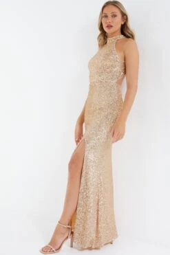 Rose Gold Sequin Halter Neck Fishtail Maxi Dress 9 Rose Gold Sequin Halter Neck Fishtail Maxi Dress -Glamourista 00100036824 XS