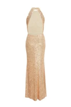 Rose Gold Sequin Halter Neck Fishtail Maxi Dress 10 Rose Gold Sequin Halter Neck Fishtail Maxi Dress -Glamourista 00100036824 ZB