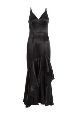 Black Satin Ruffle Maxi Dress