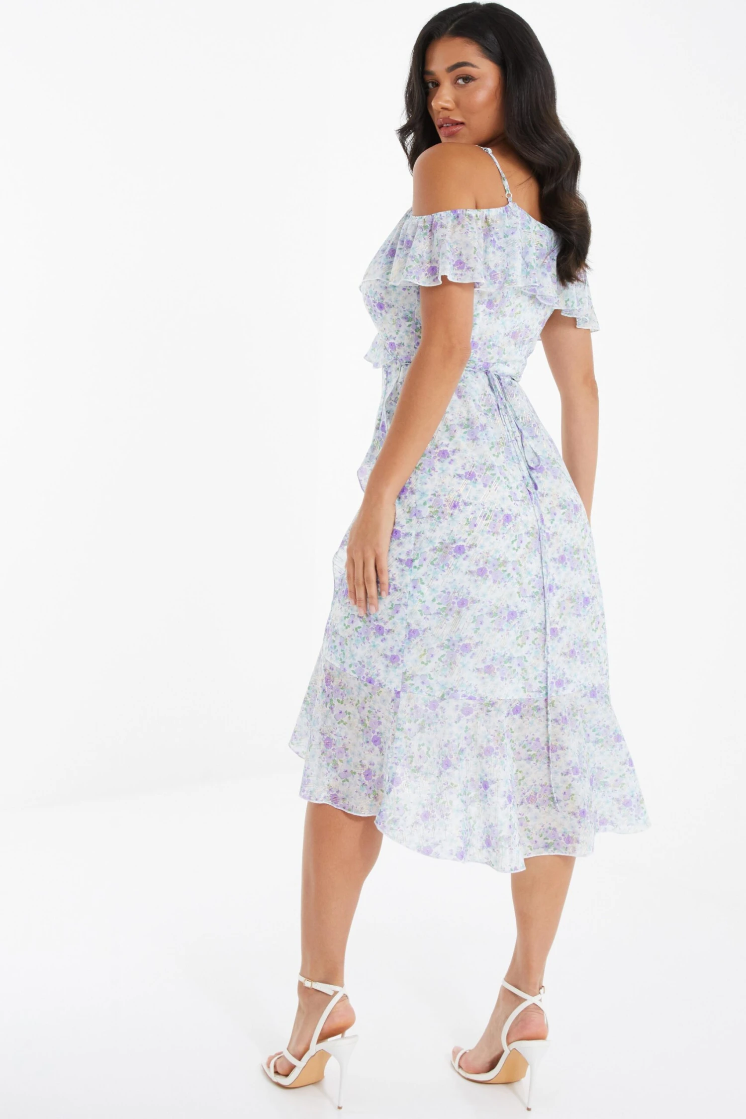 White Floral Cold Shoulder Wrap Midi Dress 3 White Floral Cold Shoulder Wrap Midi Dress - Image 3