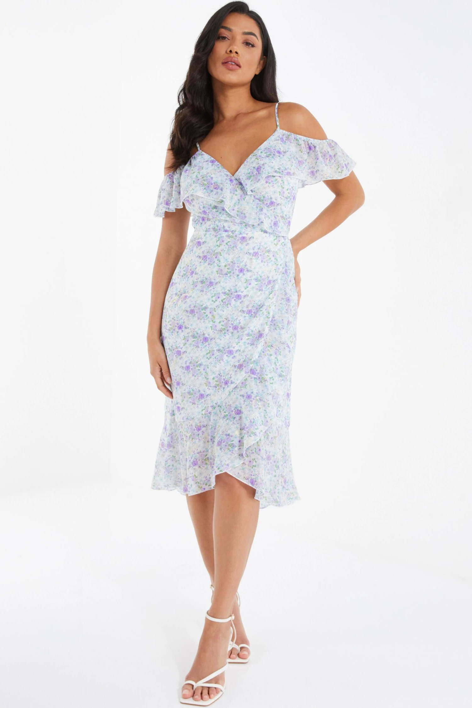 White Floral Cold Shoulder Wrap Midi Dress 2 White Floral Cold Shoulder Wrap Midi Dress - Image 2