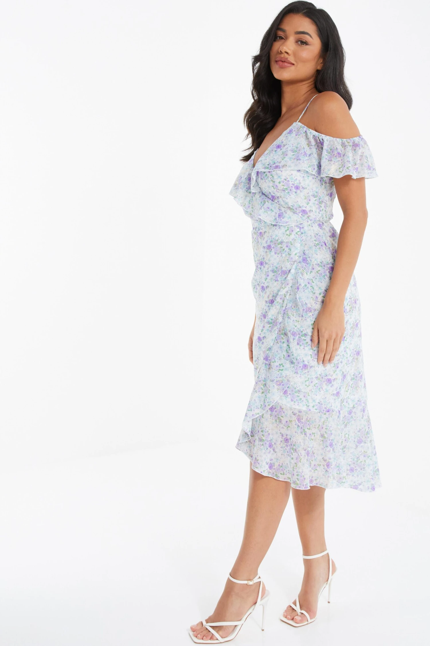 White Floral Cold Shoulder Wrap Midi Dress 4 White Floral Cold Shoulder Wrap Midi Dress - Image 4