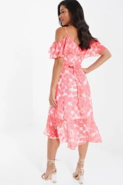 Coral Floral Cold Shoulder Wrap Midi Dress -Glamourista 00100036834 XB