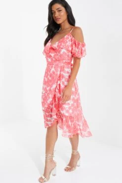 Coral Floral Cold Shoulder Wrap Midi Dress -Glamourista 00100036834 XS