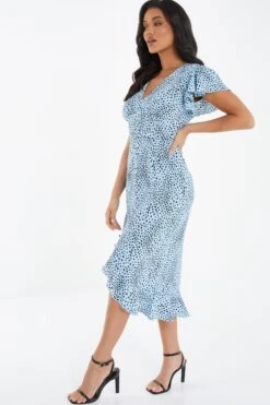 Blue Animal Print Frill Sleeve Midi Dress -Glamourista 00100036864 XS