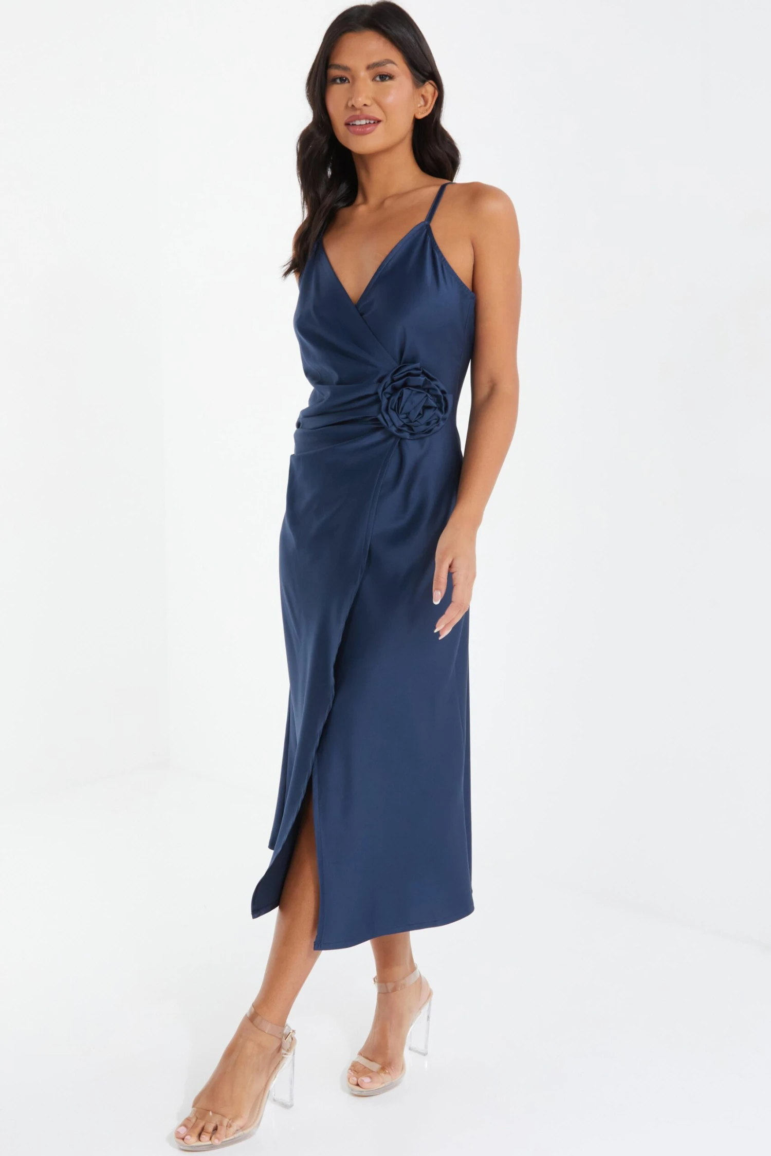 Navy Satin Wrap Floral Midi Dress 4 Navy Satin Wrap Floral Midi Dress - Image 4