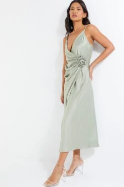 Sage Satin Wrap Floral Midi Dress -Glamourista 00100036917 XS