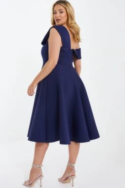 Curve Navy One Shoulder Midi Skater Dress -Glamourista 00100036949 XB