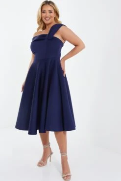 Curve Navy One Shoulder Midi Skater Dress -Glamourista 00100036949 XS