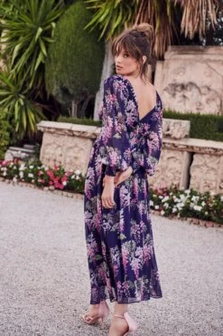 Navy Floral Chiffon Wrap Midi Dress -Glamourista 00100036950 XB