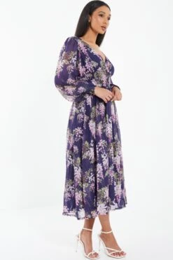 Navy Floral Chiffon Wrap Midi Dress -Glamourista 00100036950 XS