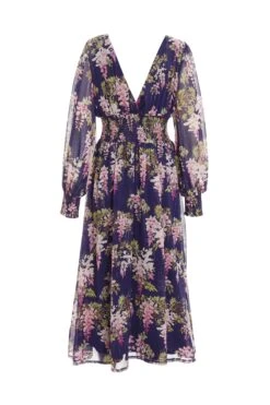 Navy Floral Chiffon Wrap Midi Dress -Glamourista 00100036950 ZB