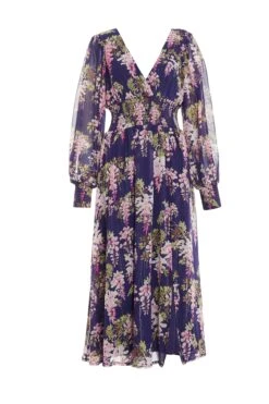 Navy Floral Chiffon Wrap Midi Dress