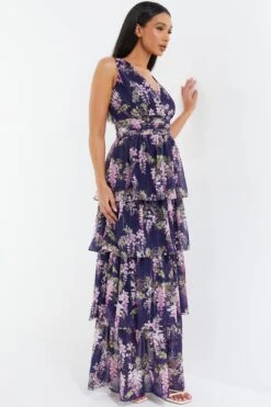 Navy Chiffon Floral Tiered Maxi Dress -Glamourista 00100036951 XS