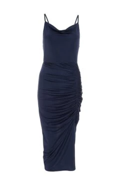 Navy Ruched Bodycon Midi Dress