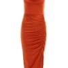 Rust Ruched Bodycon Midi Dress