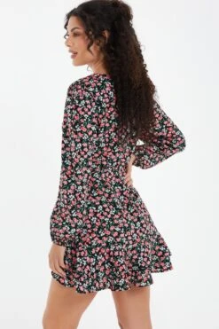 Black Ditsy Floral Wrap Mini Dress -Glamourista 00100036991 XB