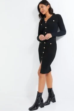 Black Knitted Button Midi Dress -Glamourista 00100036994 XS