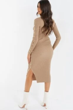 Stone Knitted Button Turtle Neck Midi Dress -Glamourista 00100036997 XB