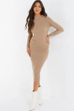 Stone Knitted Button Turtle Neck Midi Dress -Glamourista 00100036997 XS