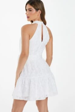 White Jacquard Halter Neck Mini Dress -Glamourista 00100037028 XB