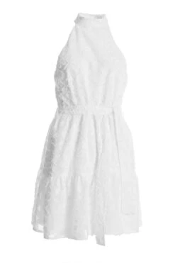 White Jacquard Halter Neck Mini Dress