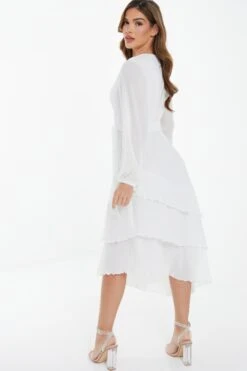 White Chiffon Crinkle Wrap Midi Dress -Glamourista 00100037029 XB